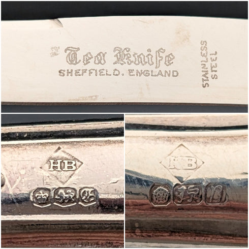 約 1974 年英國復古純銀手柄茶刀和叉 6 對哈里森兄弟茶刀盒